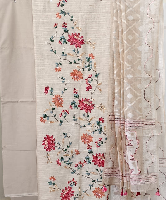 Semi Chanderi hand Embroidaried 3 piece unstiched Suit Set