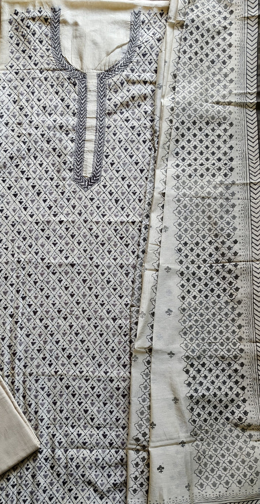 Semi Chanderi hand Embroidered 3 piece unstiched Suit Set
