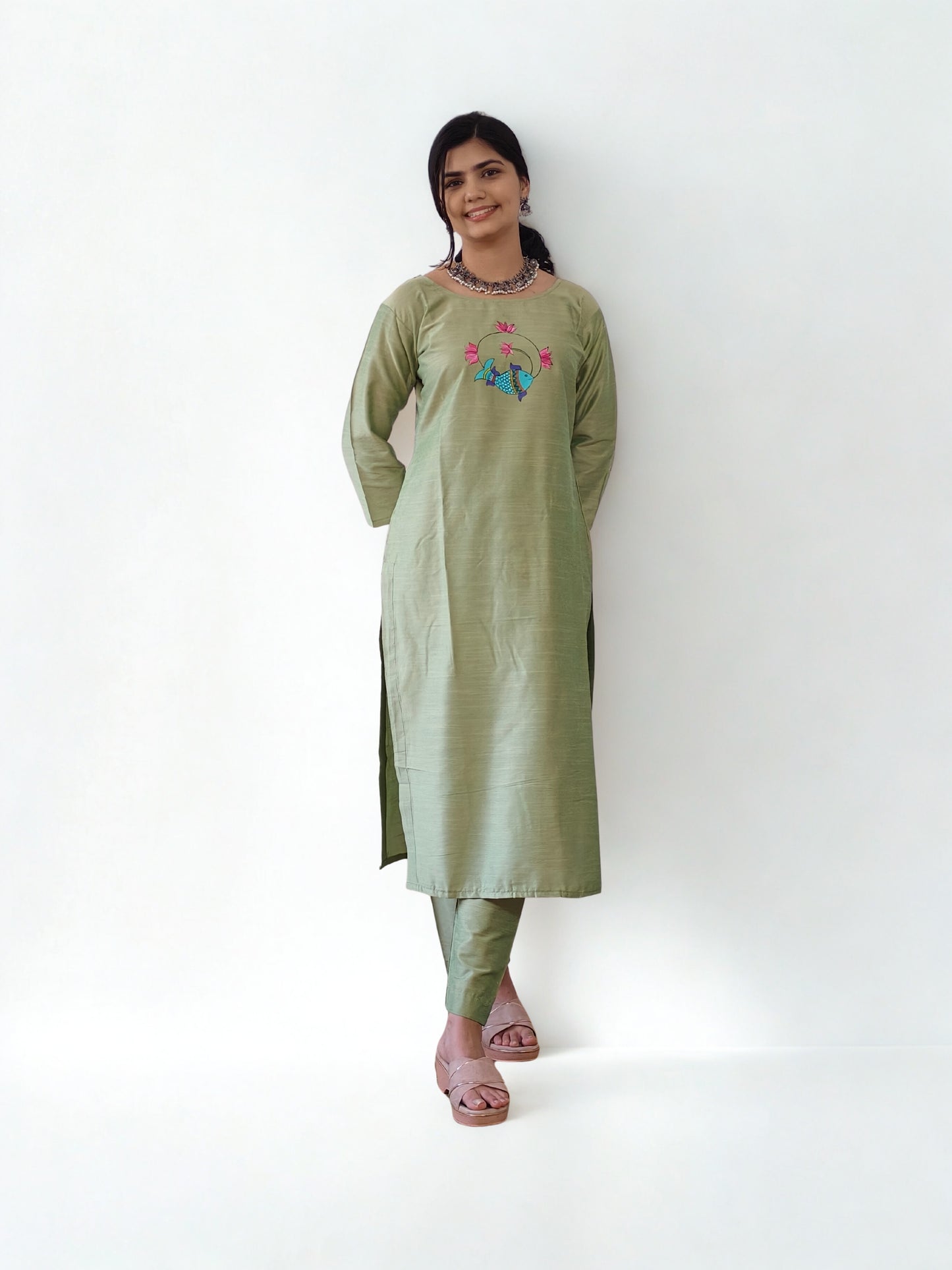 Semi Raw Silk Hand Painted Straight kurti