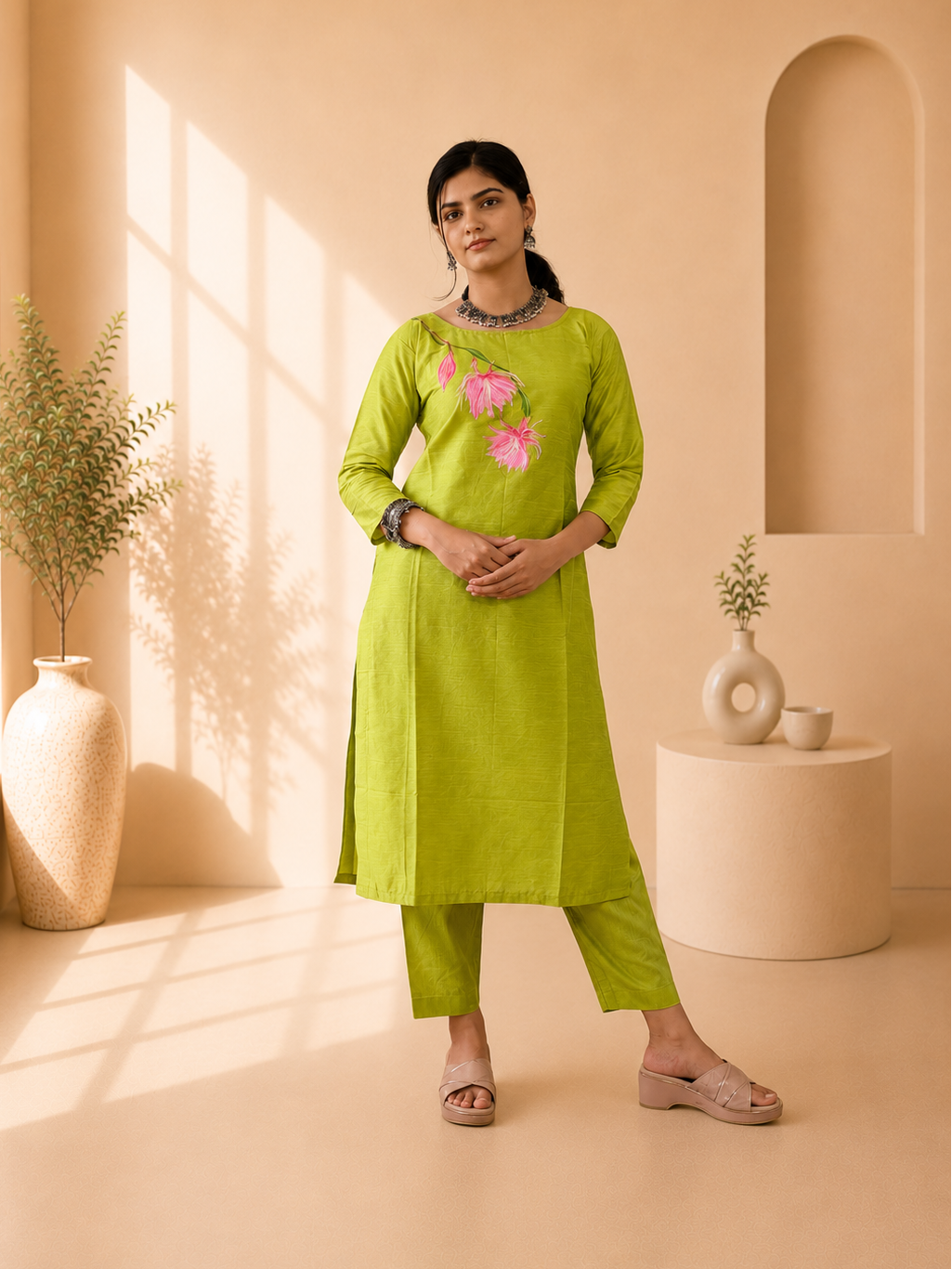 Semi Raw Silk Hand Painted Straight kurti