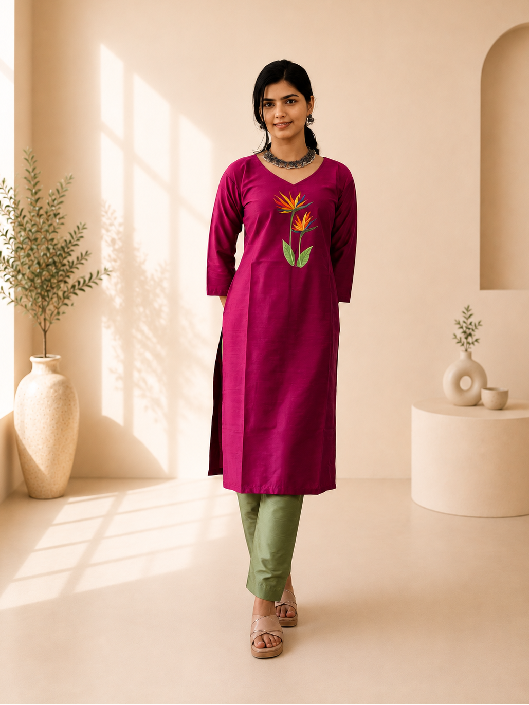 Semi Raw Silk Hand Painted Straight Kurti