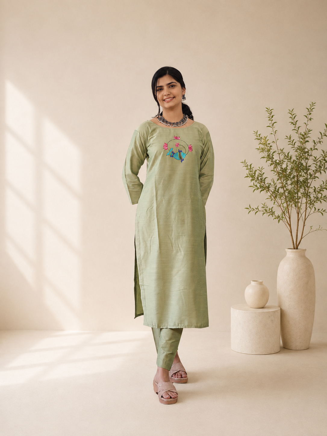 Semi Raw Silk Hand Painted Straight kurti