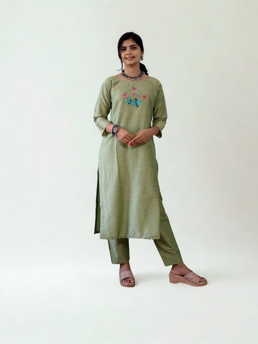 Semi Raw Silk Hand Painted Straight kurti