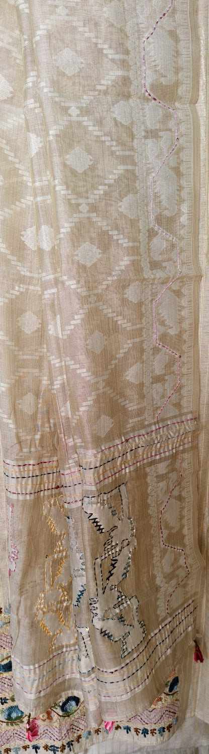 Semi Tussar Hand Embroidered 3 piece unstiched Suit Set