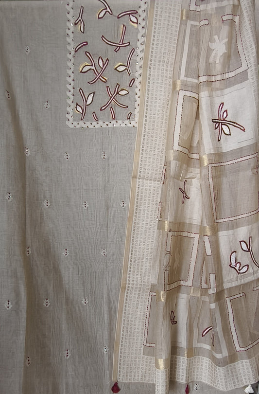 Semi Chanderi Hand Embroidered 3 piece unstiched Suit Set