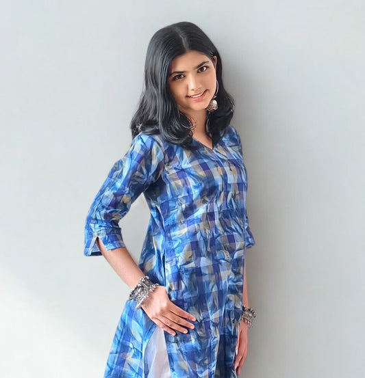 Handloom Cotton Checks Batik Straight Kurti