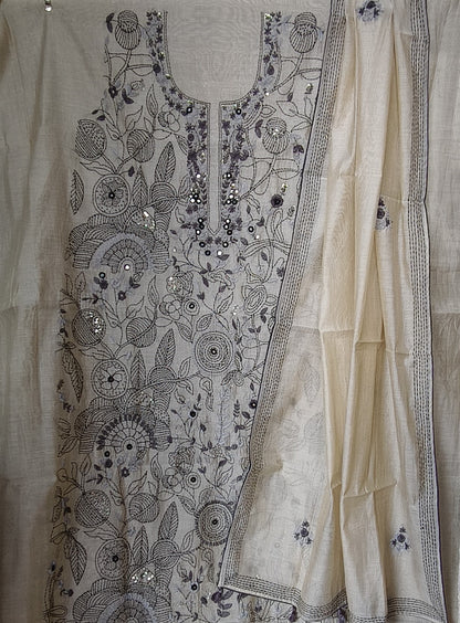 Semi Chanderi Hand Embroidered 3 piece unstiched Suit Set