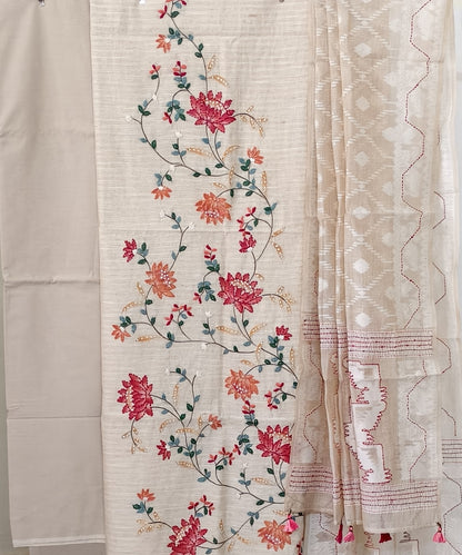 Semi Chanderi hand Embroidaried 3 piece unstiched Suit Set