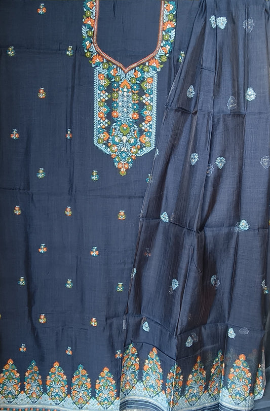 Semi Chanderi hand Embroidered 3 piece unstiched Suit Set