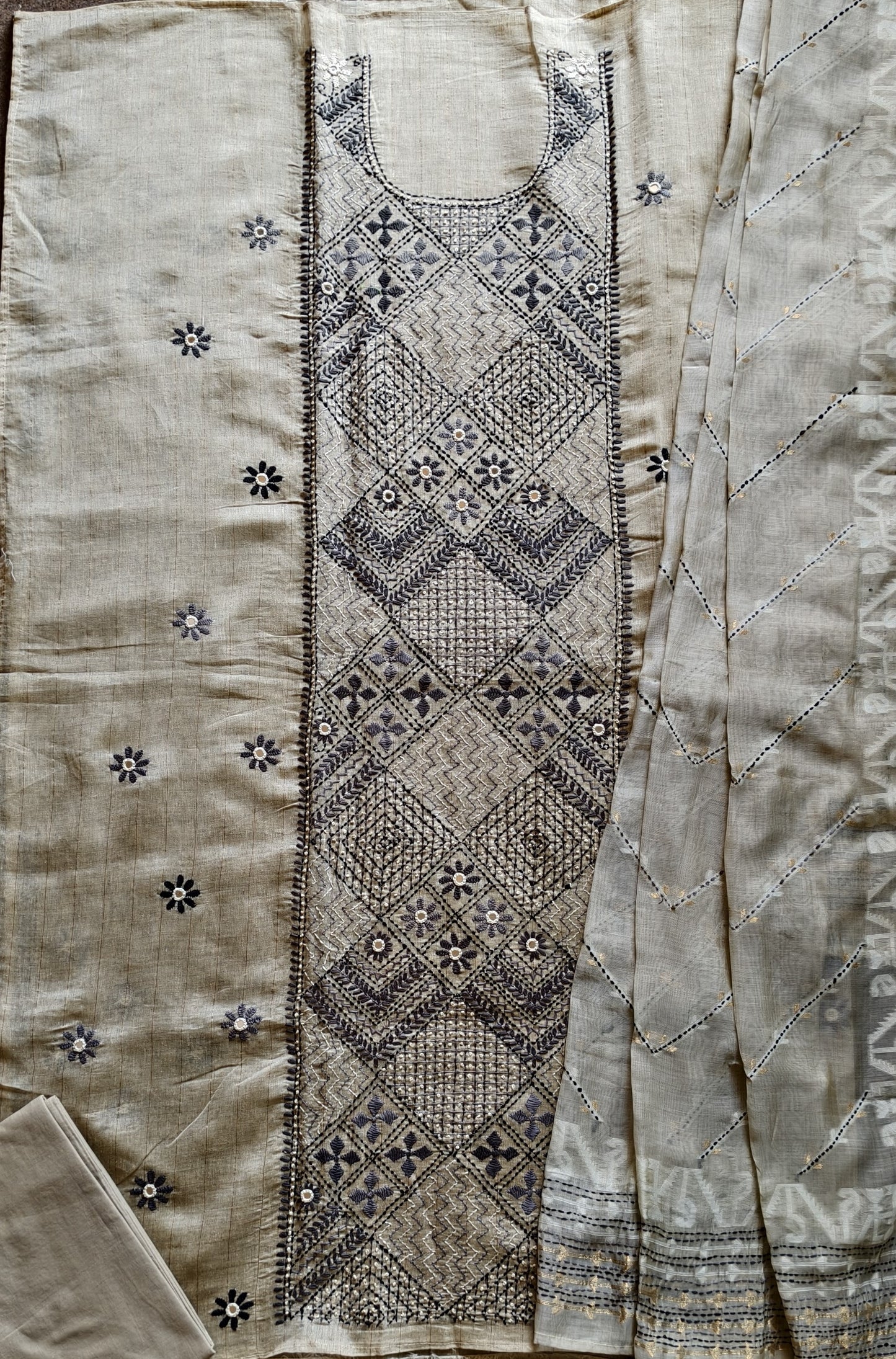 Semi Tussar hand Embroidered 3 piece unstiched Suit Set