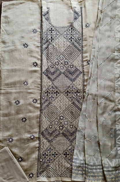 Semi Tussar hand Embroidered 3 piece unstiched Suit Set
