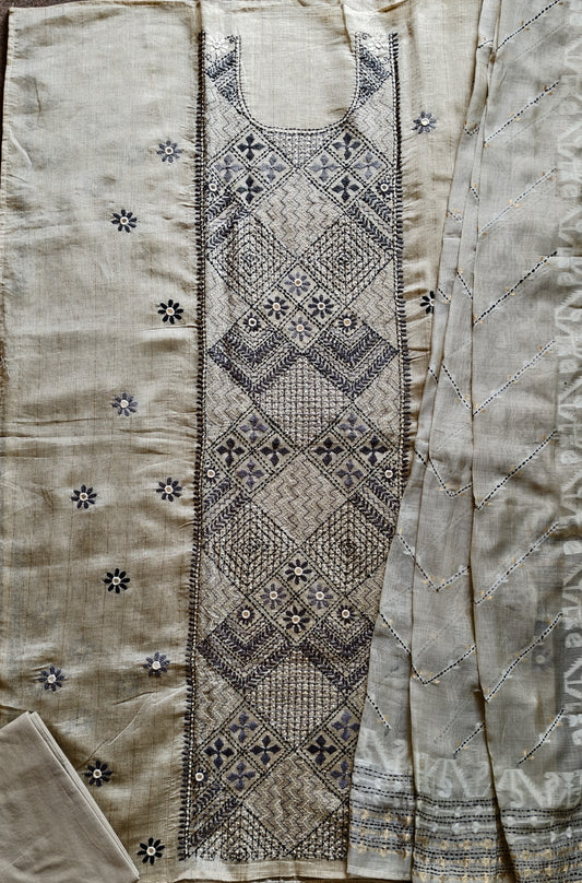 Semi Tussar hand Embroidered 3 piece unstiched Suit Set