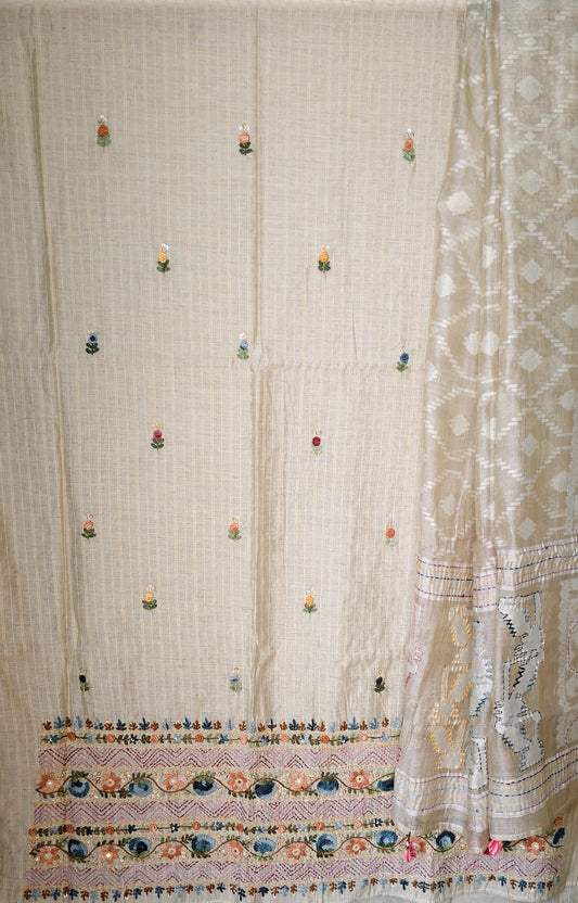 Semi Tussar Hand Embroidered 3 piece unstiched Suit Set