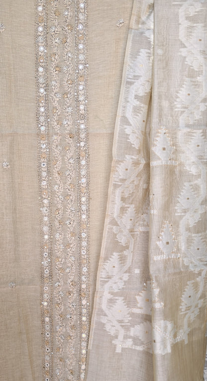 Semi Tussar hand Embroidered 3 piece unstiched Suit Set