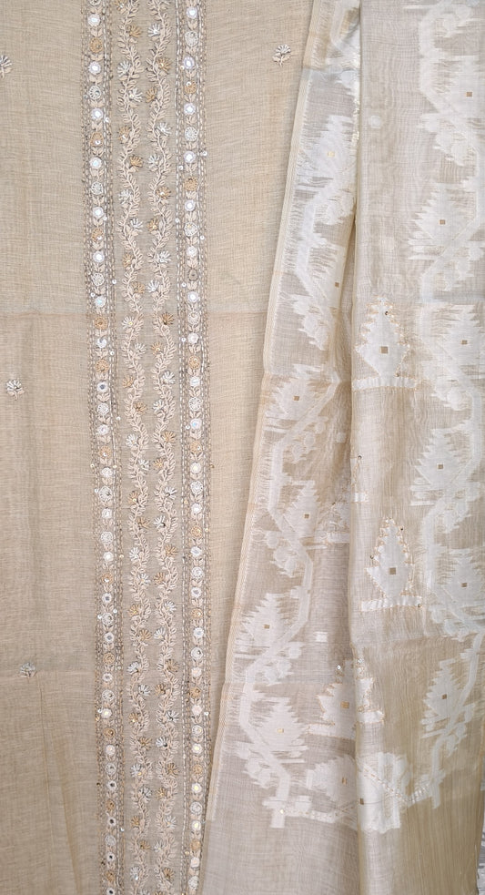 Semi Tussar hand Embroidered 3 piece unstiched Suit Set