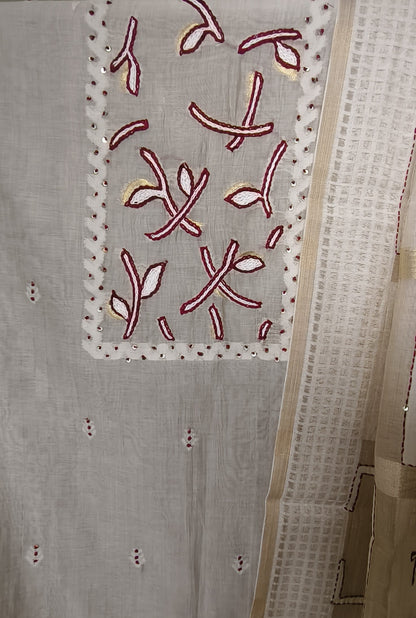 Semi Chanderi Hand Embroidered 3 piece unstiched Suit Set