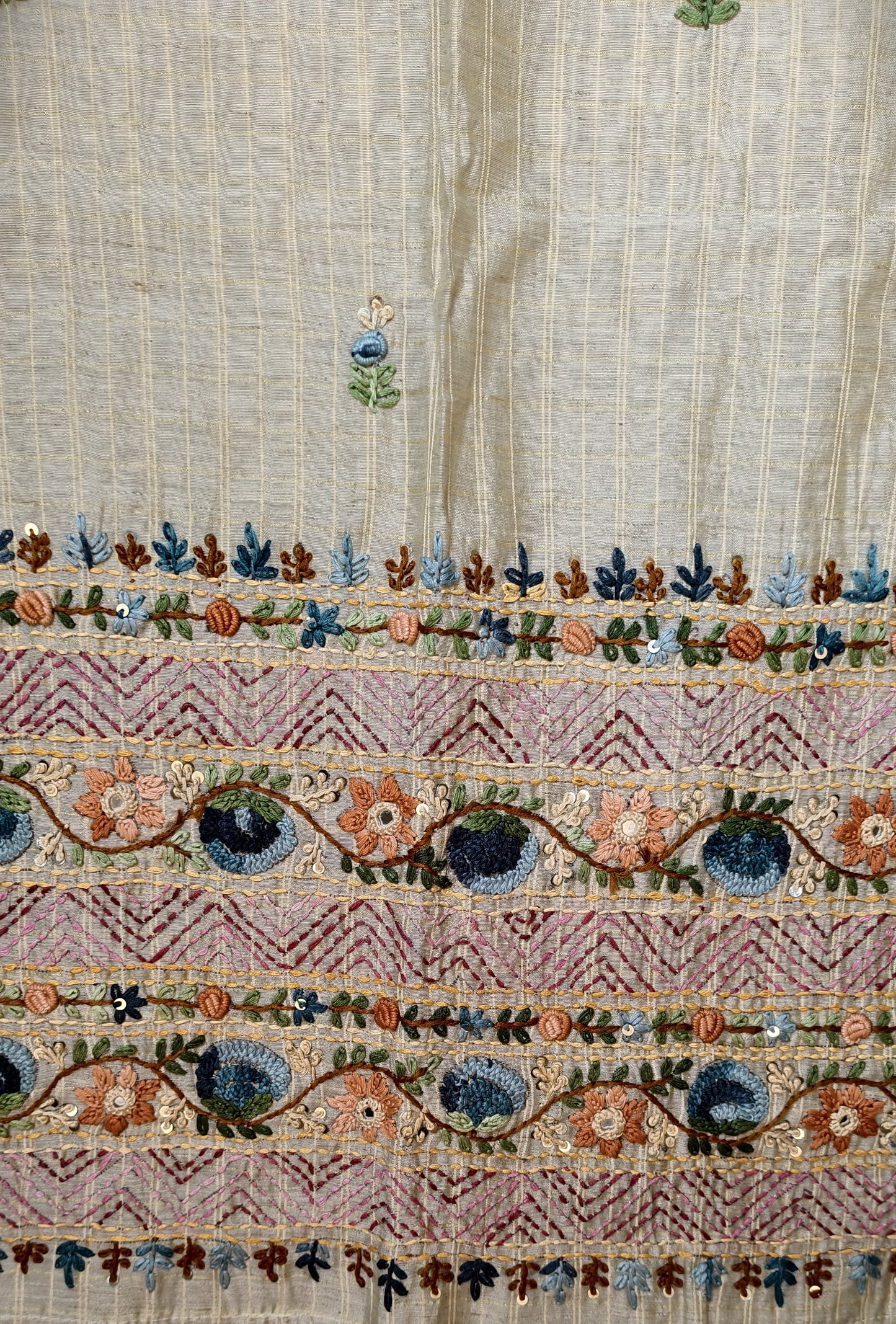 Semi Tussar Hand Embroidered 3 piece unstiched Suit Set