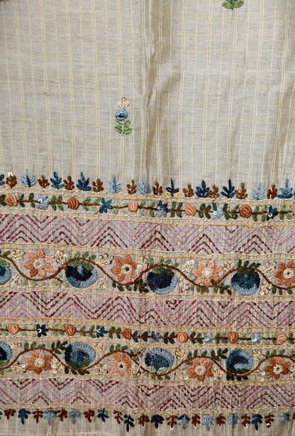 Semi Tussar Hand Embroidered 3 piece unstiched Suit Set