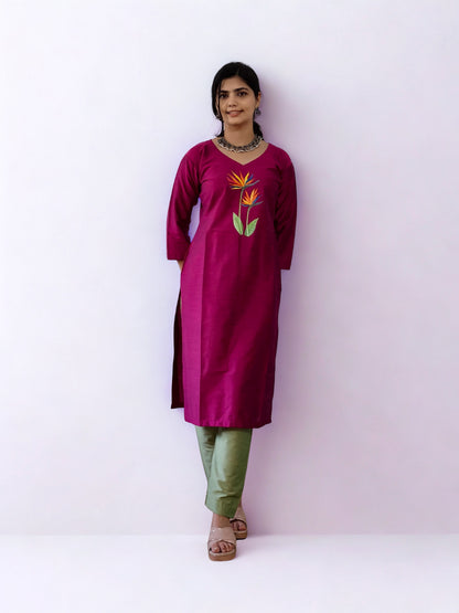 Semi Raw Silk Hand Painted Straight Kurti