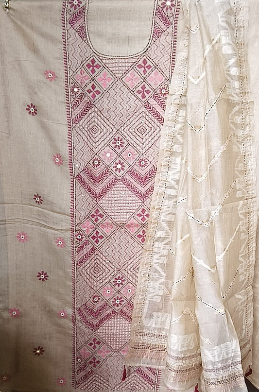 Semi Tussar Hand Embroidered 3 piece unstiched Suit Set