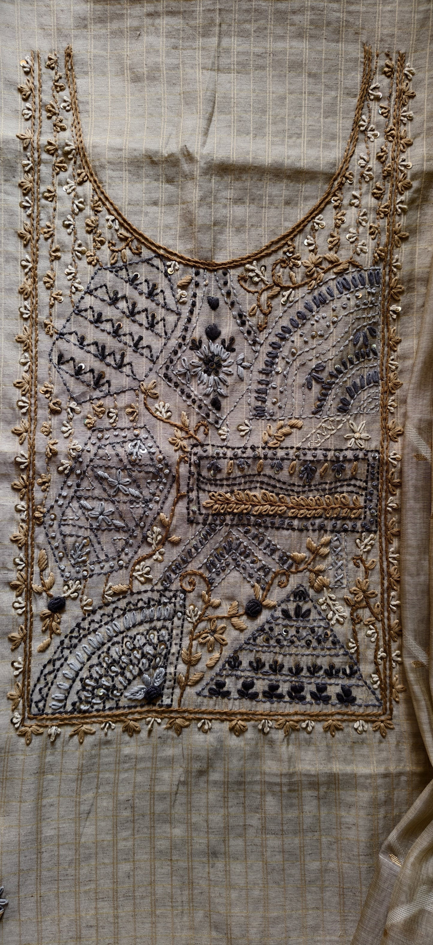 Semi Tussar hand Embroidered 3 piece unstiched Suit Set