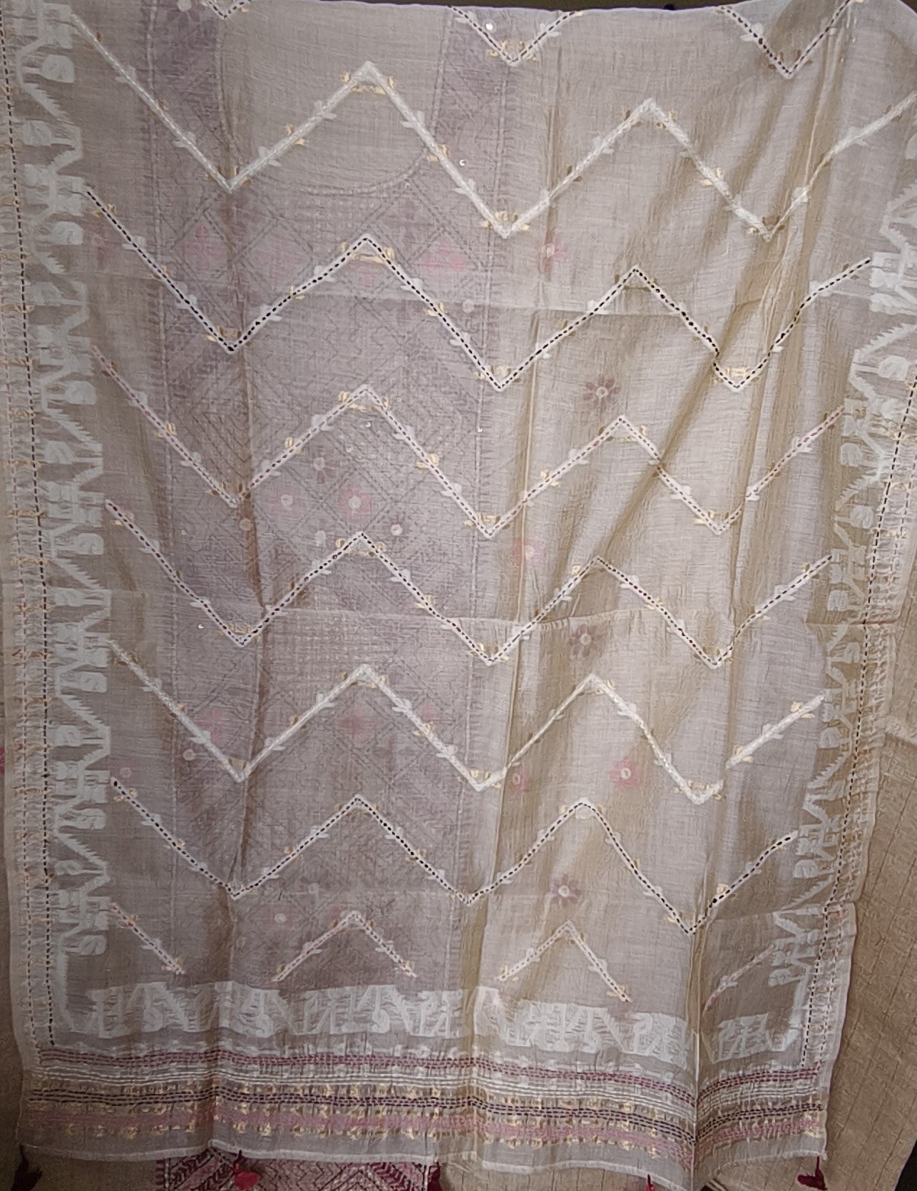 Semi Tussar Hand Embroidered 3 piece unstiched Suit Set