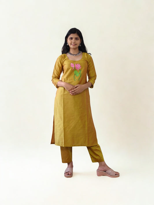 Semi Raw Silk Hand Painted Straight kurti