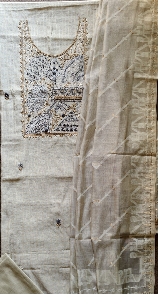 Semi Tussar hand Embroidered 3 piece unstiched Suit Set