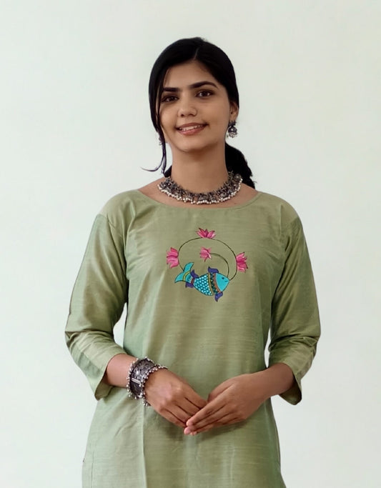 Semi Raw Silk Hand Painted Straight kurti