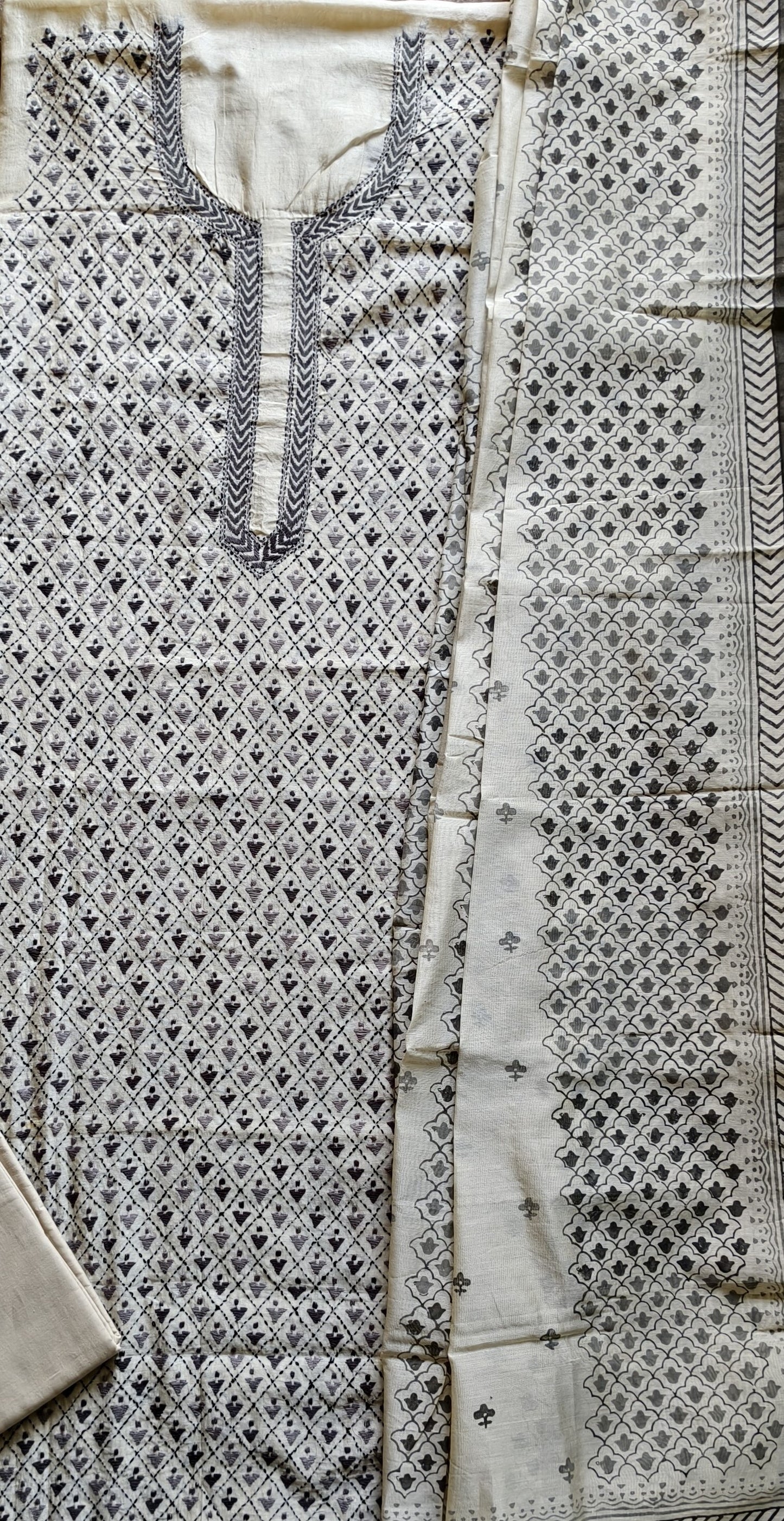Semi Chanderi hand Embroidered 3 piece unstiched Suit Set