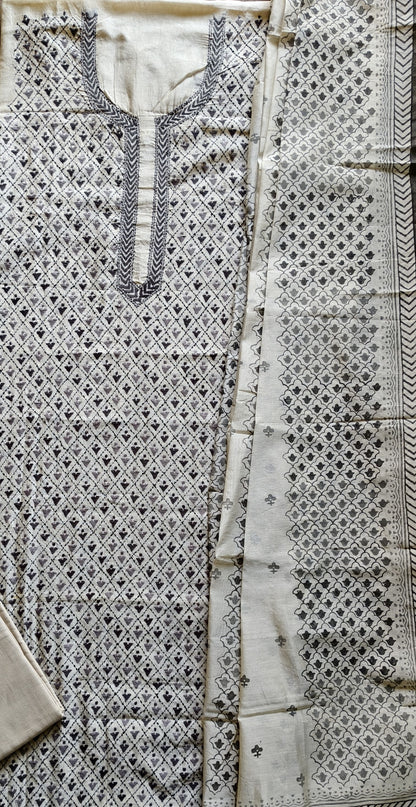 Semi Chanderi hand Embroidered 3 piece unstiched Suit Set