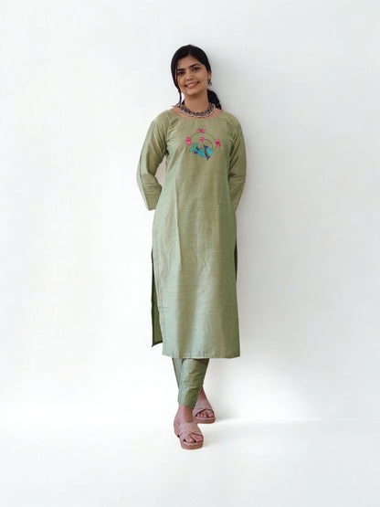 Semi Raw Silk Hand Painted Straight kurti