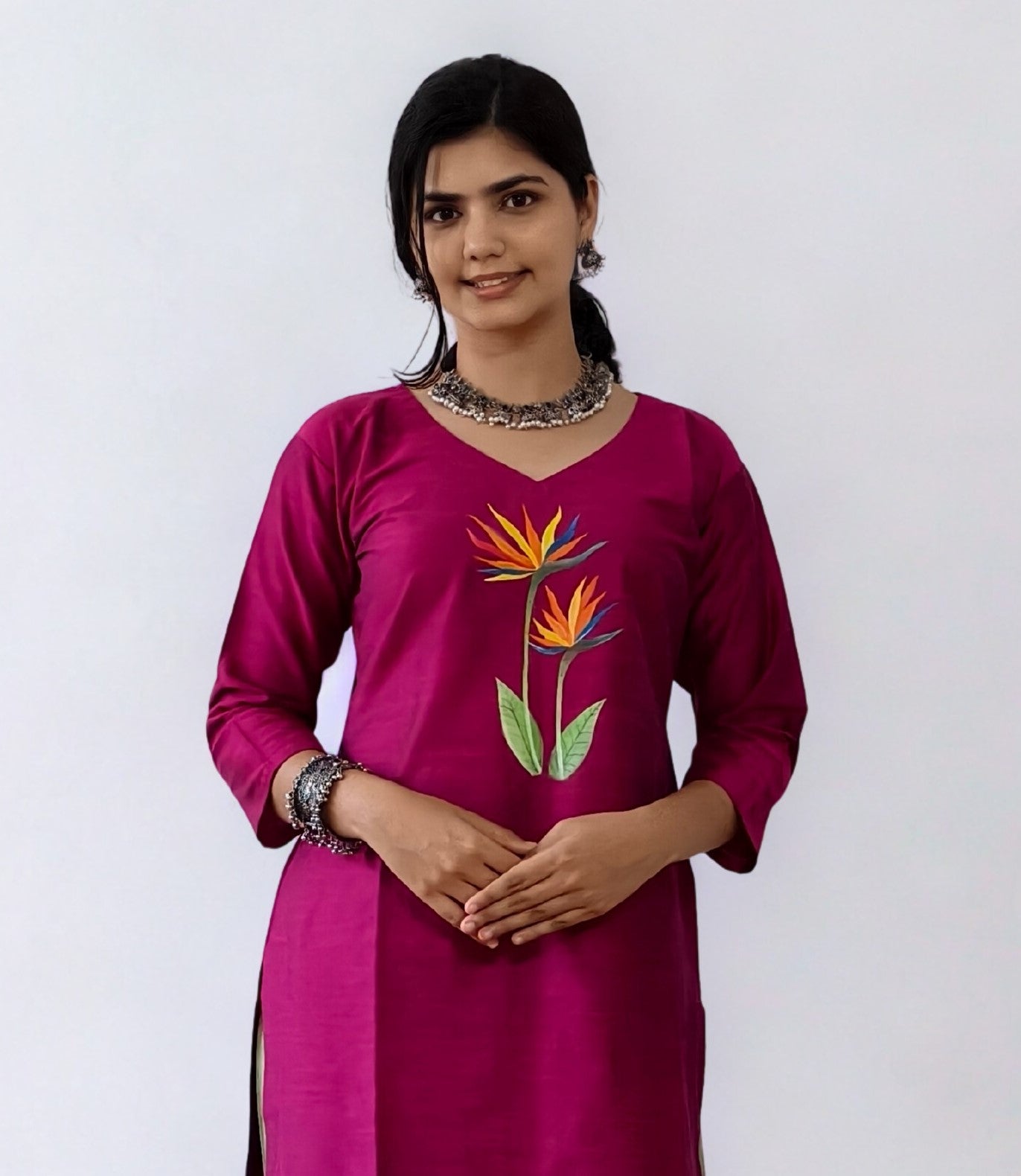 Semi Raw Silk Hand Painted Straight Kurti