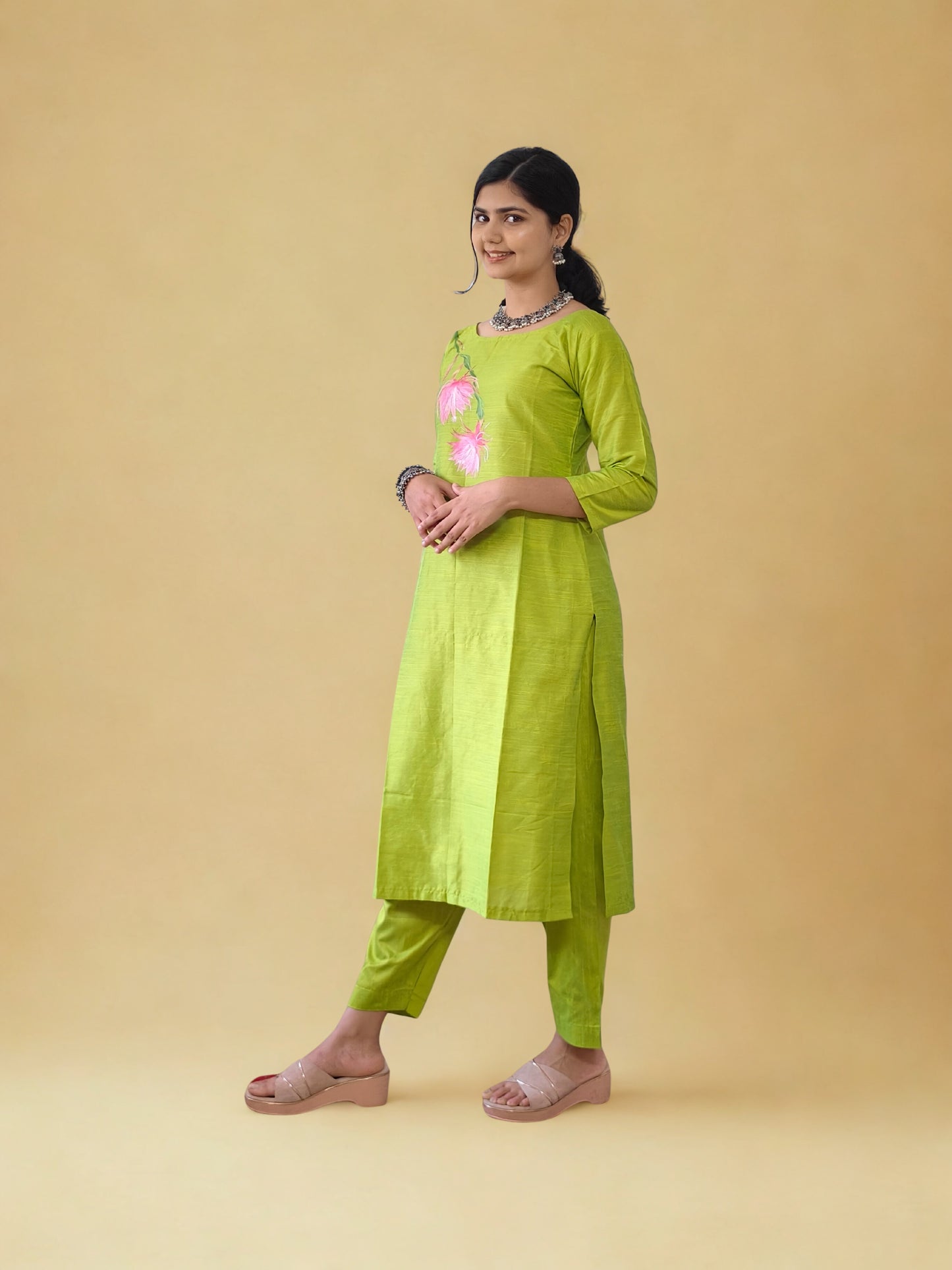 Semi Raw Silk Hand Painted Straight kurti