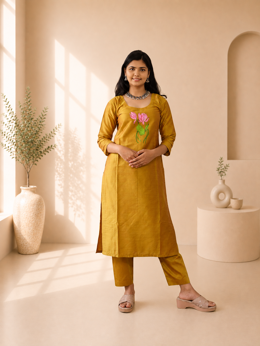 Semi Raw Silk Hand Painted Straight kurti