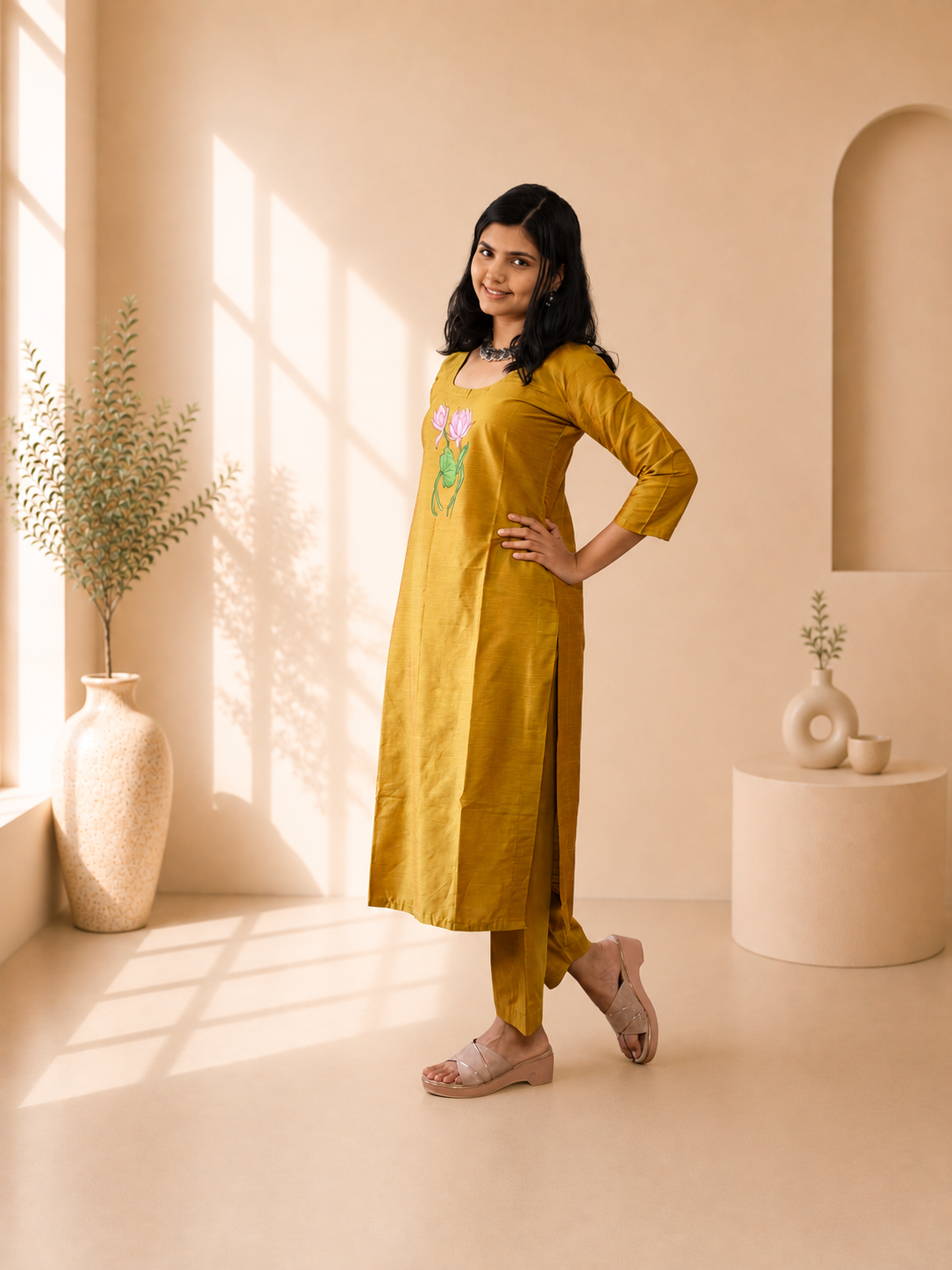Semi Raw Silk Hand Painted Straight kurti