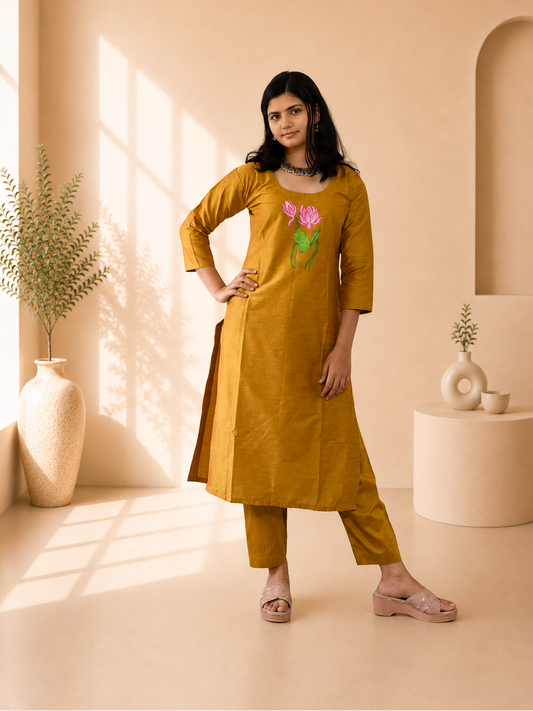Semi Raw Silk Hand Painted Straight kurti