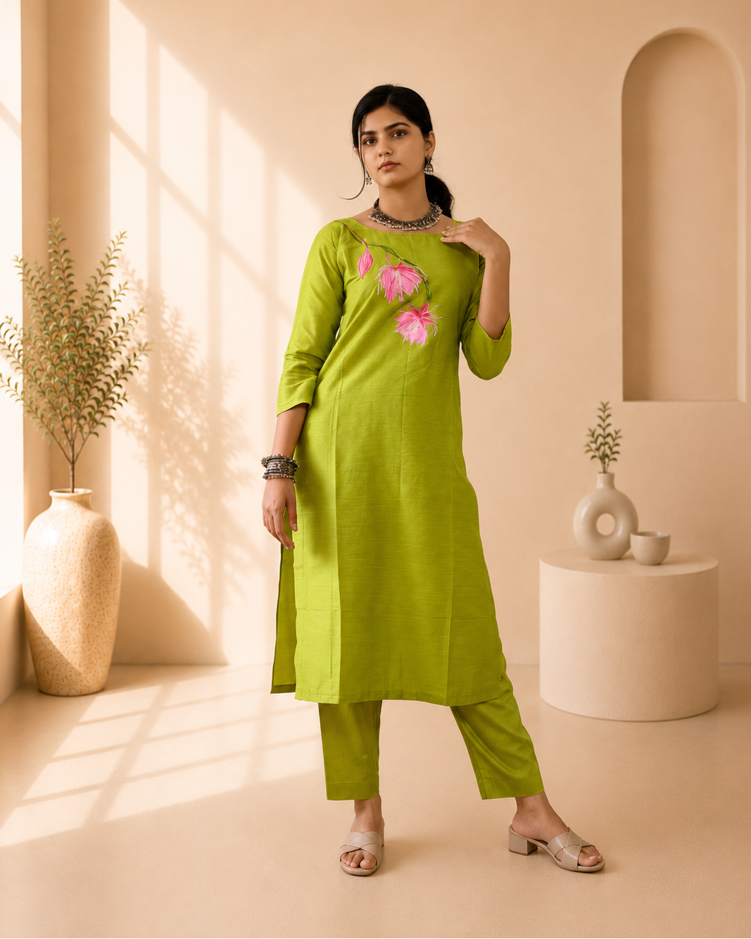 Semi Raw Silk Hand Painted Straight kurti