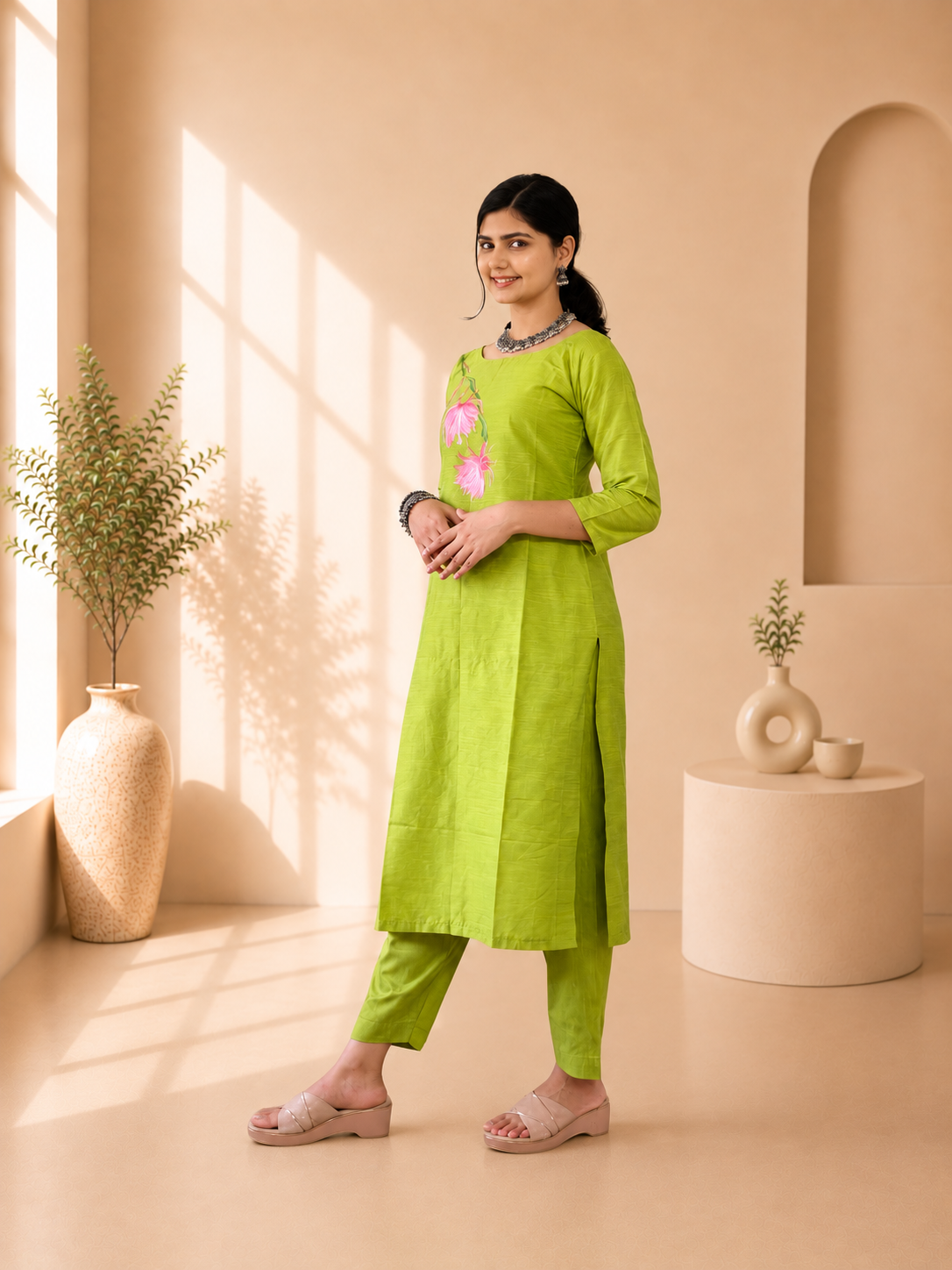 Semi Raw Silk Hand Painted Straight kurti