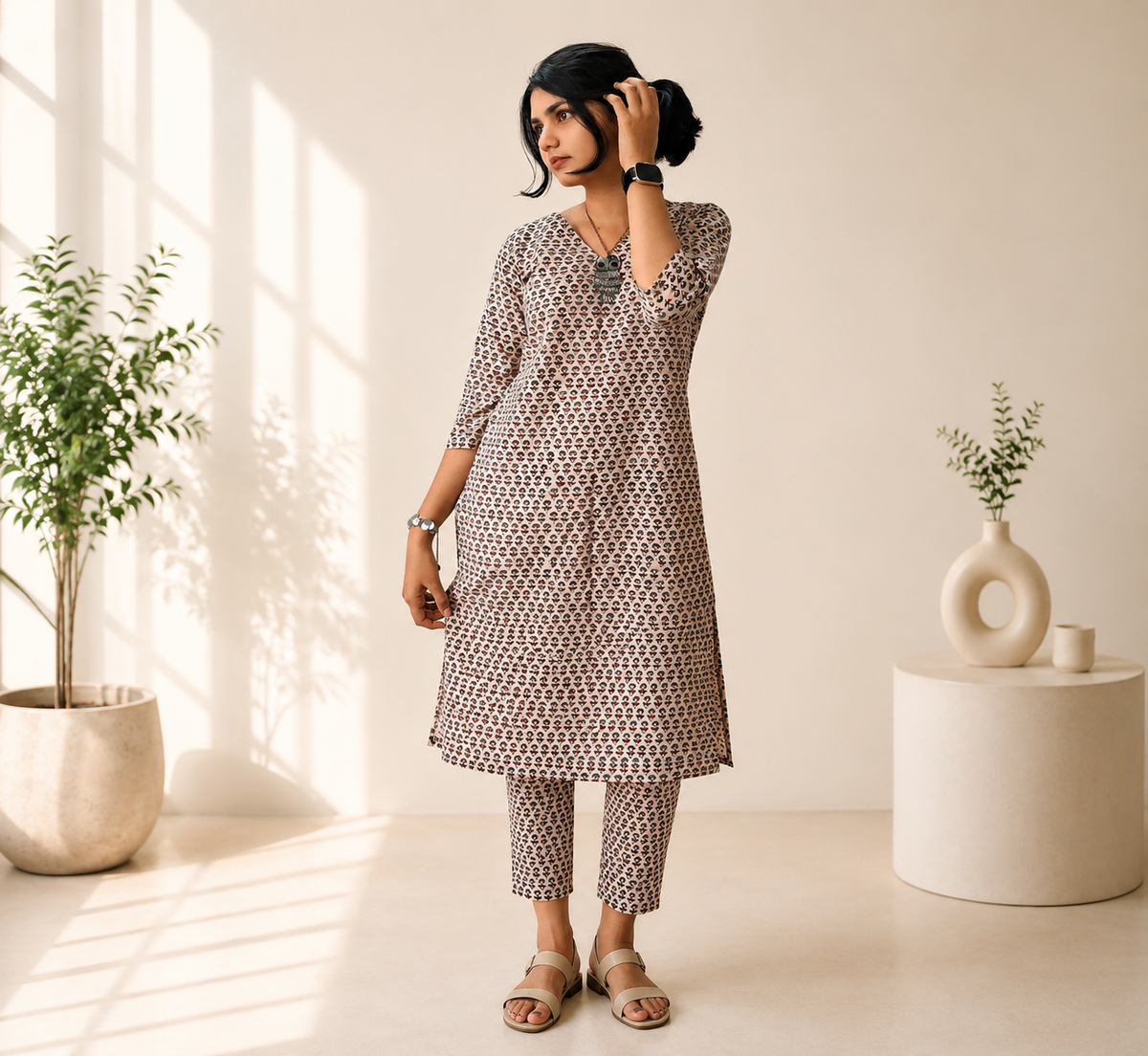Natural Handblock Cotton Straight Kurti