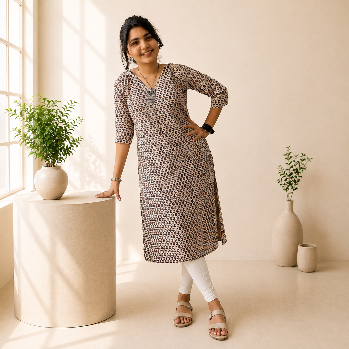 Natural Handblock Cotton Straight Kurti