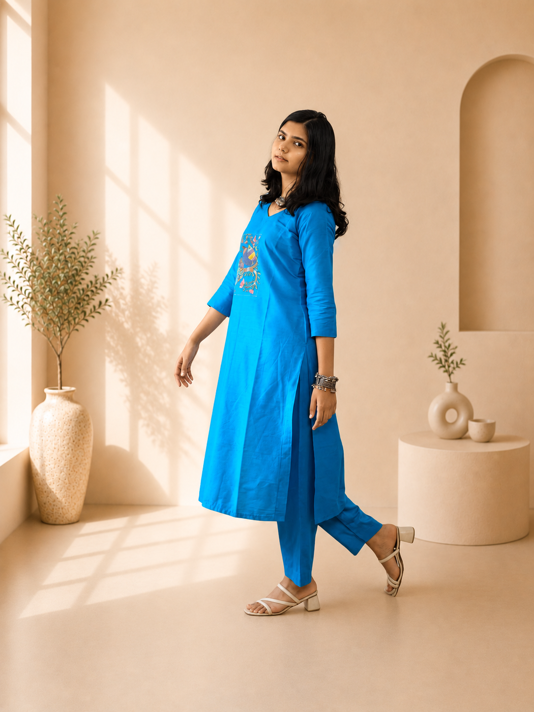 Semi Raw Silk Hand Painted Straight kurti