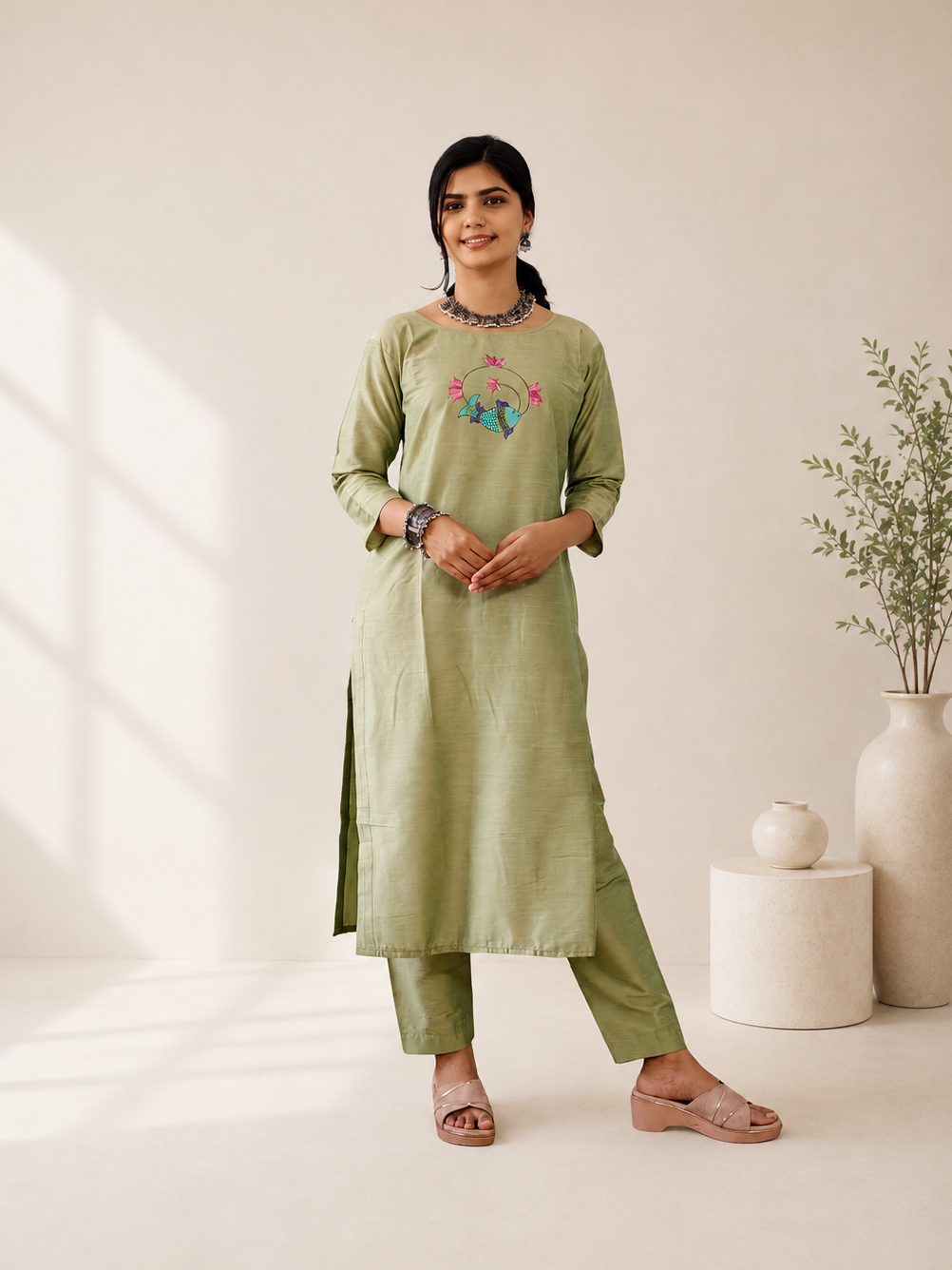 Semi Raw Silk Hand Painted Straight kurti
