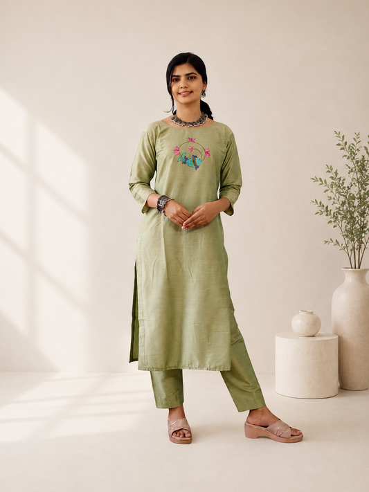 Semi Raw Silk Hand Painted Straight kurti