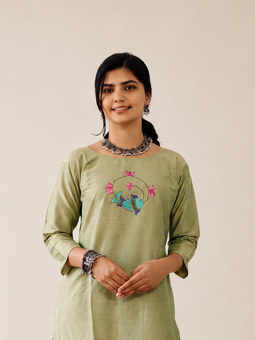Semi Raw Silk Hand Painted Straight kurti