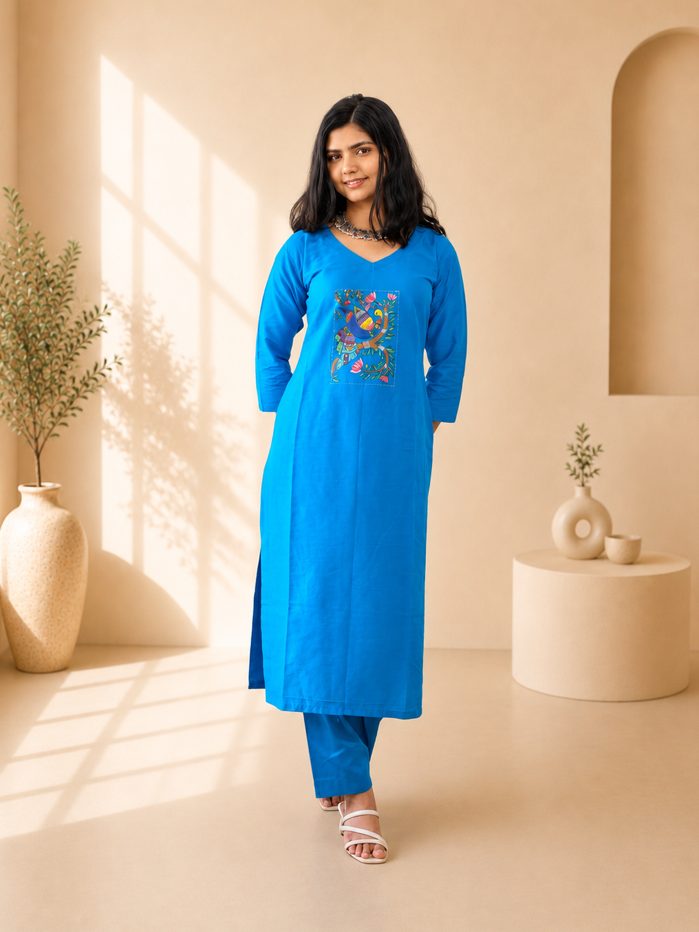 Semi Raw Silk Hand Painted Straight kurti