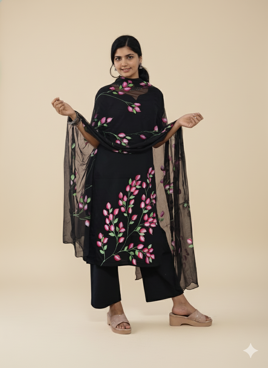 Jam Cotton Hand Painted Straight Kurti & Dupatta