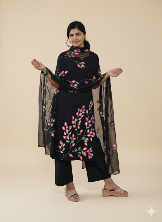 Jam Cotton Hand Painted Straight Kurti & Dupatta