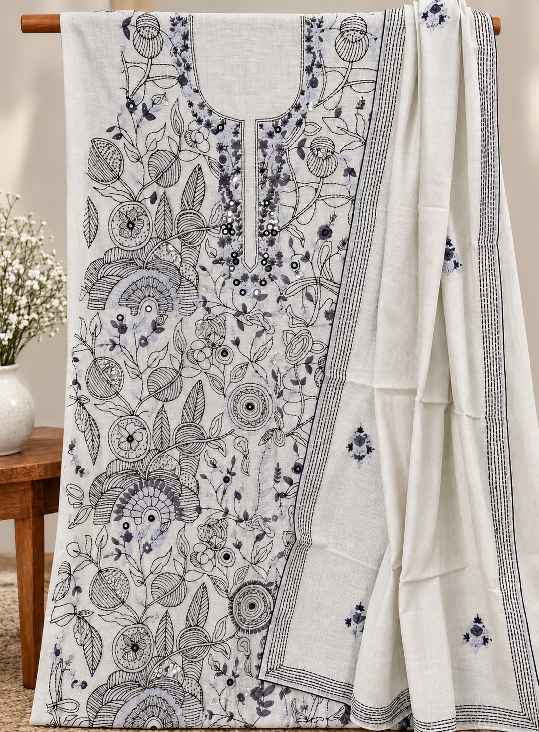 Semi Chanderi Hand Embroidered 3 piece unstiched Suit Set