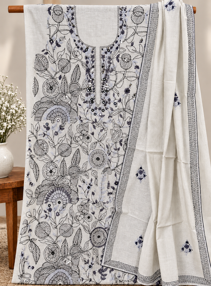 Semi Chanderi Hand Embroidered 3 piece unstiched Suit Set